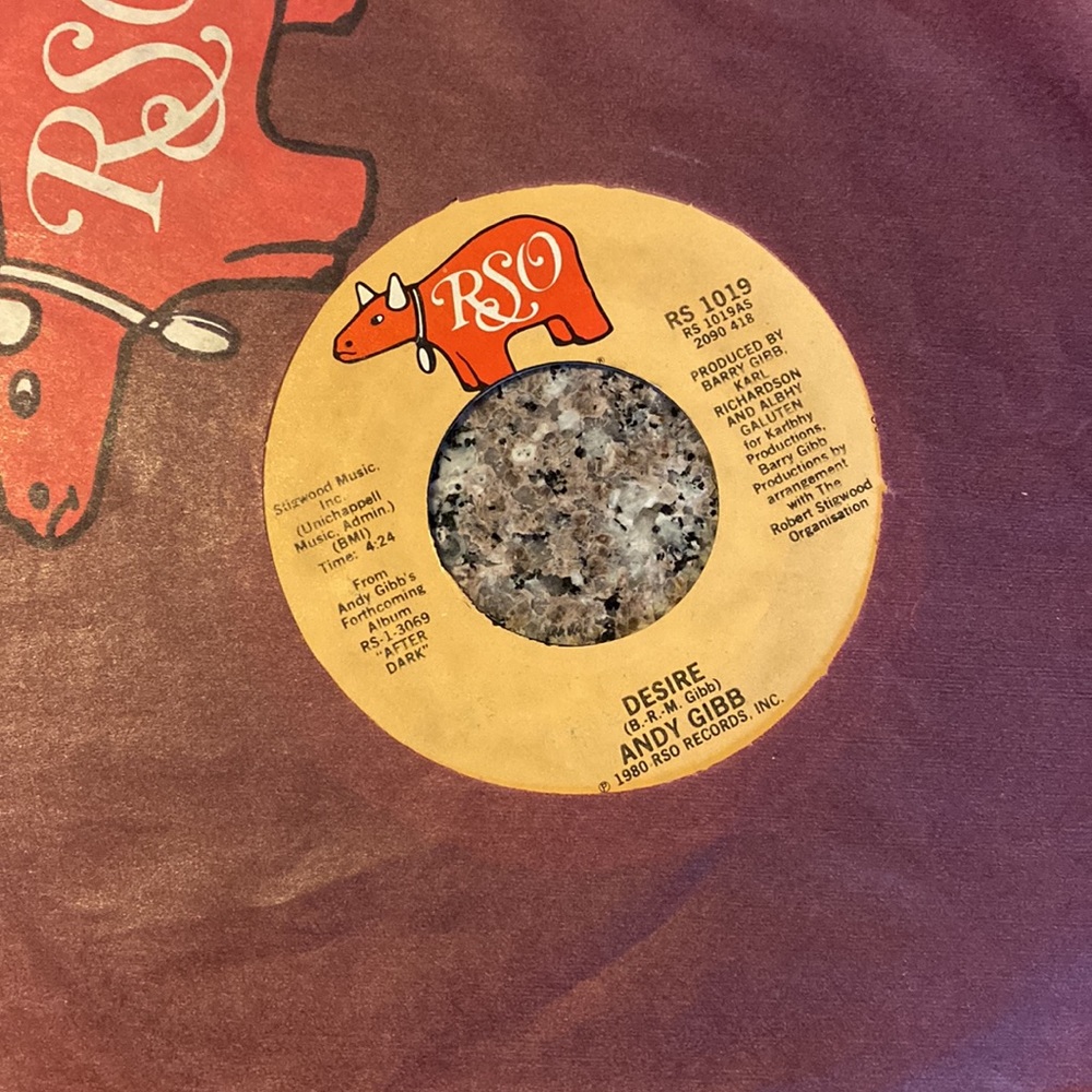 45 RPM vinyl record from the 80’s Andy Gibb “Desire” & “ Waiting for You”